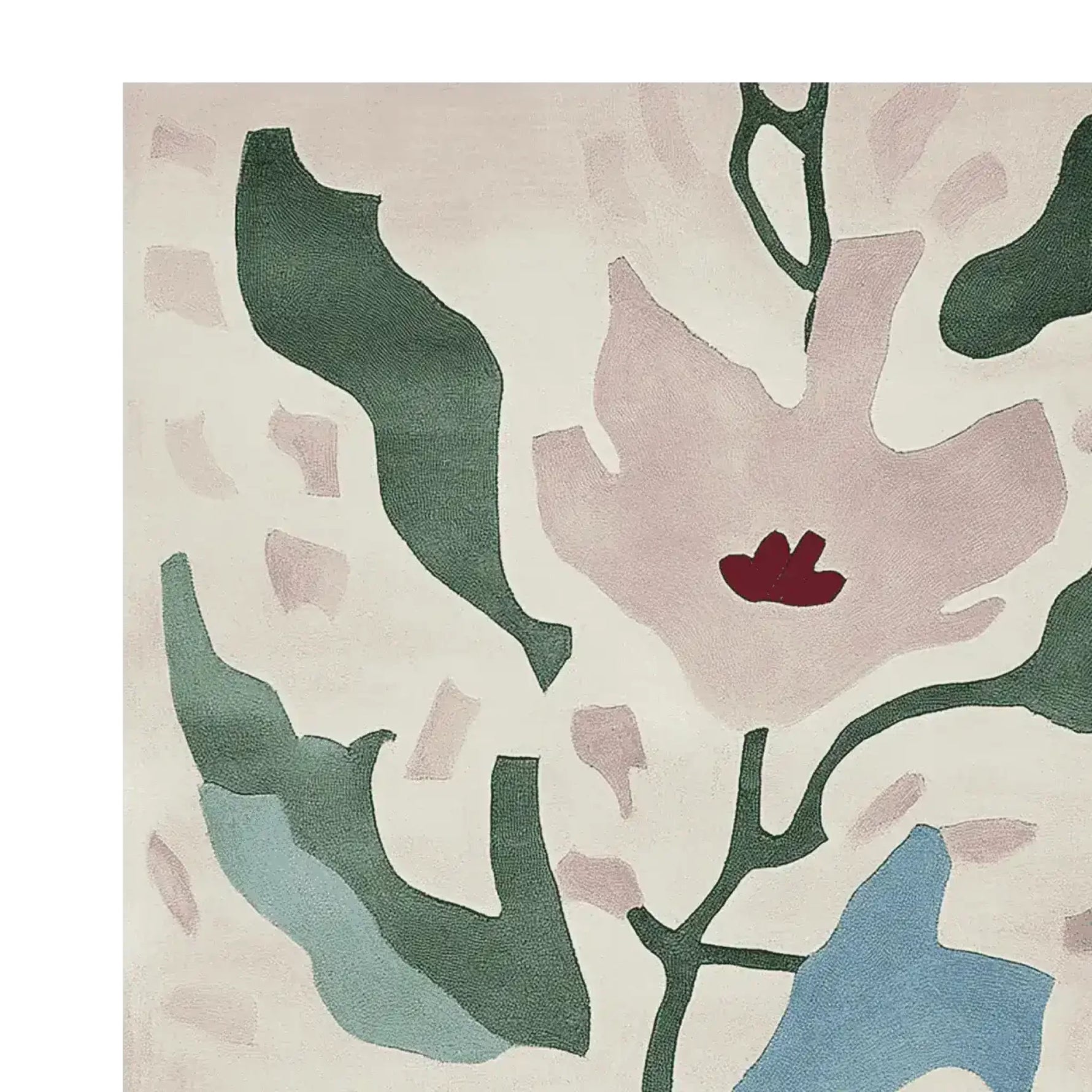 A close-up view of the Fragmented Floral Dream Hand Tufted Rug, showcasing its contemporary design with abstract floral patterns in shades of green, pink, and blue on a wool surface. Perfect as a large living room rug, this area rug adds a modern touch to any space.