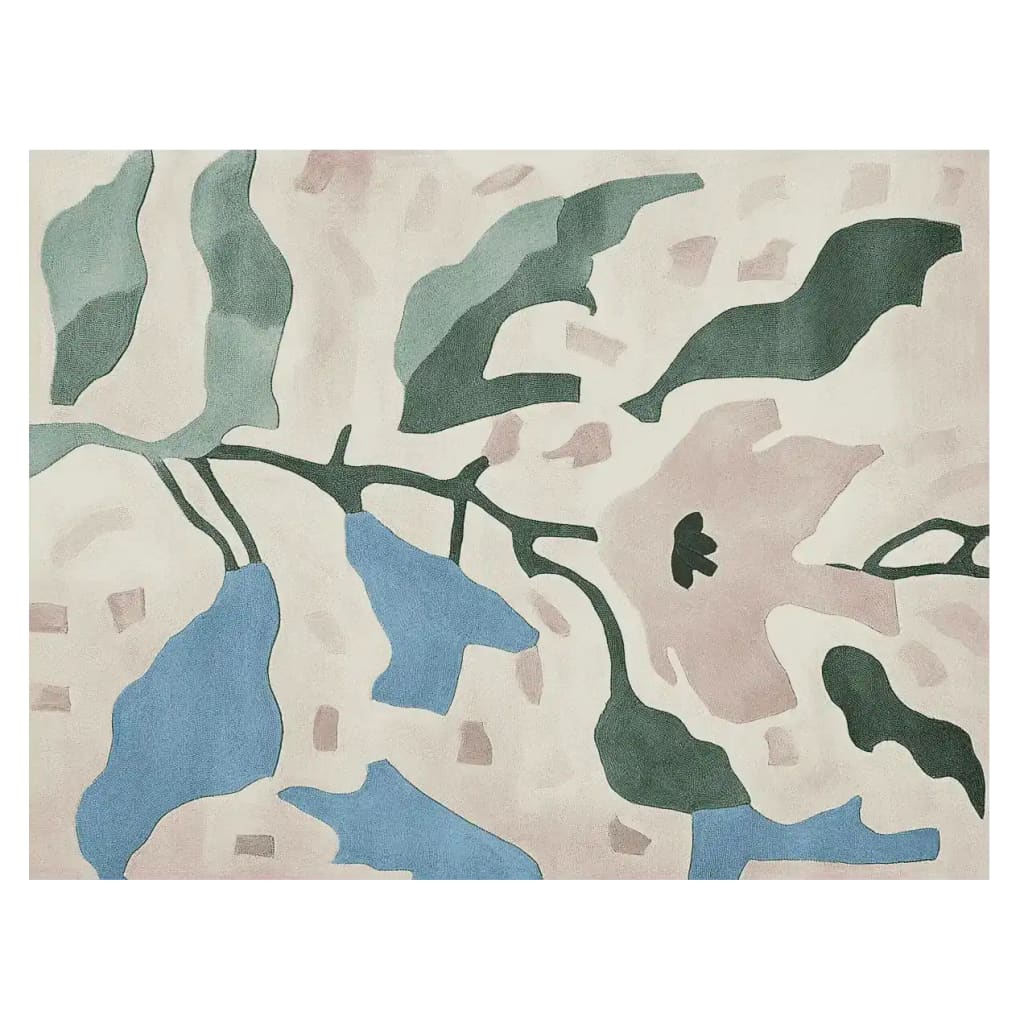 A vibrant hand-tufted area rug featuring an abstract floral design with green, blue, and pink hues. Ideal for adding a contemporary touch to large living rooms, this wool rug combines artistic elegance with modern style, making it a perfect choice for rugs in living room settings.
