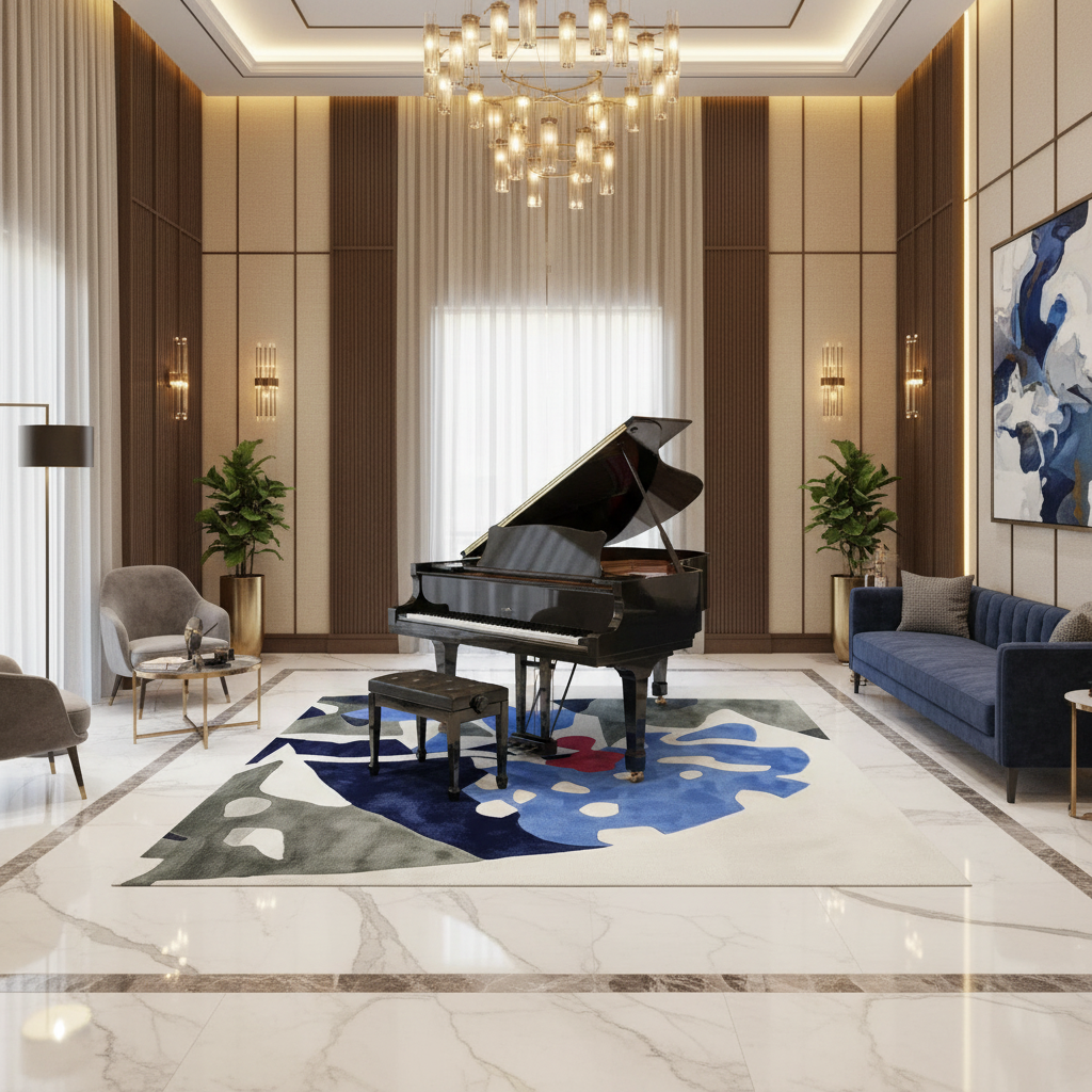 Luxurious living room with a grand piano, blue sofa, and decorative rug.