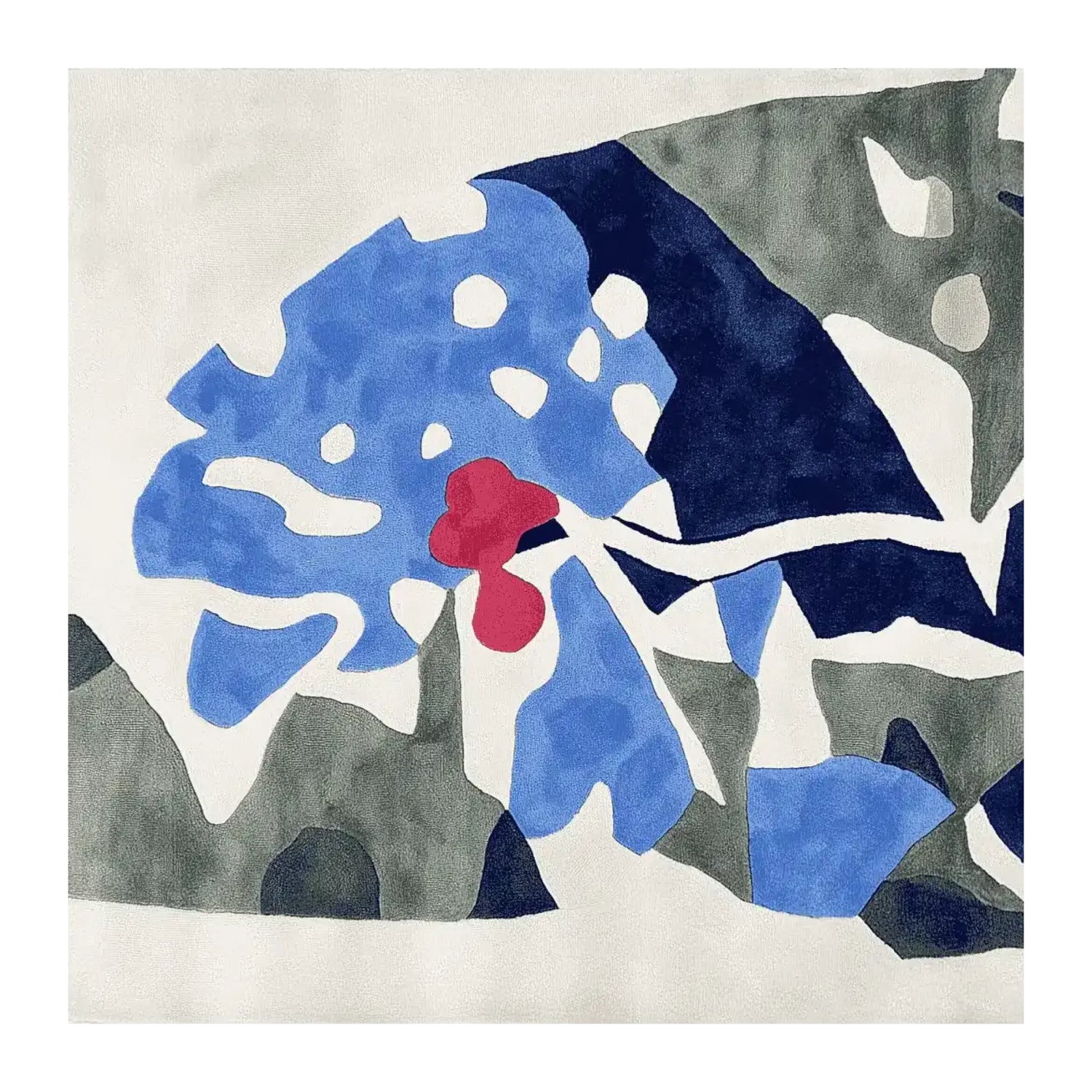 Contemporary square area rug featuring an abstract design with vibrant blue, red, and green hues. Perfect wool rug for adding a modern touch to living rooms, this hand-tufted piece combines playful shapes for a unique aesthetic.