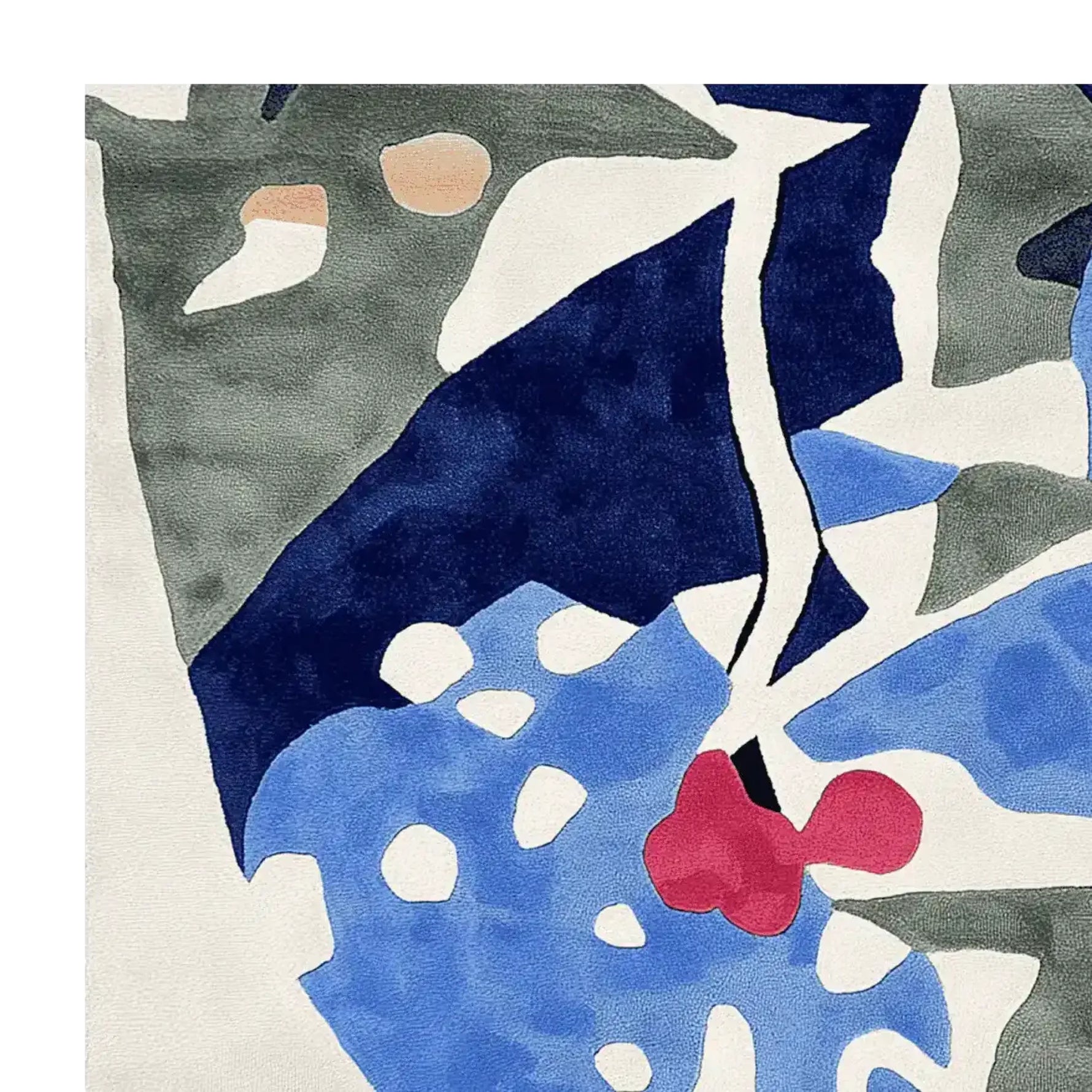 Contemporary area rug with an abstract, fragmented design featuring blue, green, and red tones. This square wool rug is perfect for a modern living room setting, adding a touch of artistic flair to any space.