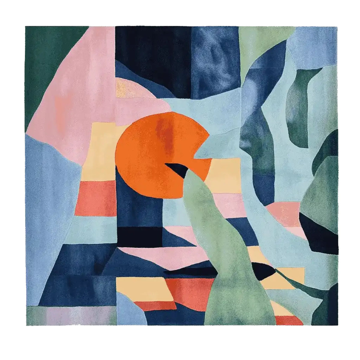 This vibrant area rug features an abstract design with bold geometric shapes in shades of blue, green, pink, and orange, perfect for adding a contemporary touch to any living room. The Fragmented Garden Bloom Hand Tufted Rug is a square wool rug, ideal for large living room spaces, offering both style and comfort.