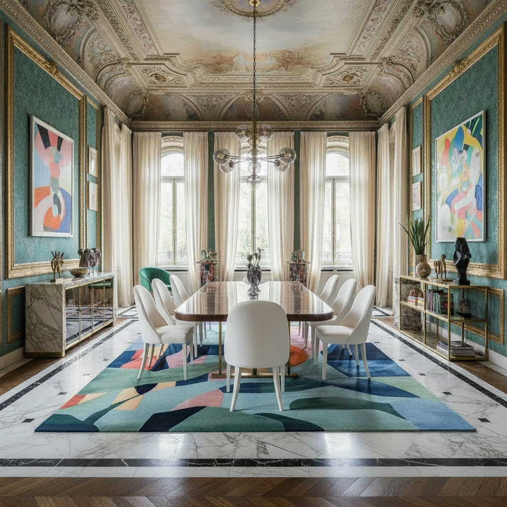Elegant dining room with a colorful rug, marble table, and decorative walls.
