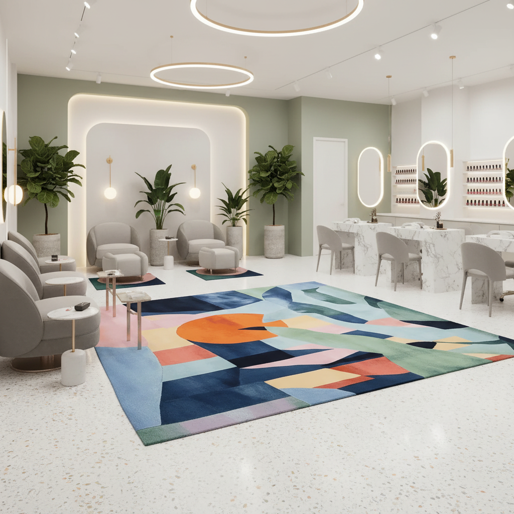 Modern interior design with a colorful geometric rug, chairs, and decorative plants.