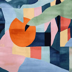 Top view of the Fragmented Garden Bloom Hand Tufted Rug showcasing an abstract design with vibrant colors. This contemporary square area rug is made of wool, perfect for adding a splash of color to large living rooms. Ideal for those seeking area rugs for living rooms that combine modern style with artistic flair.