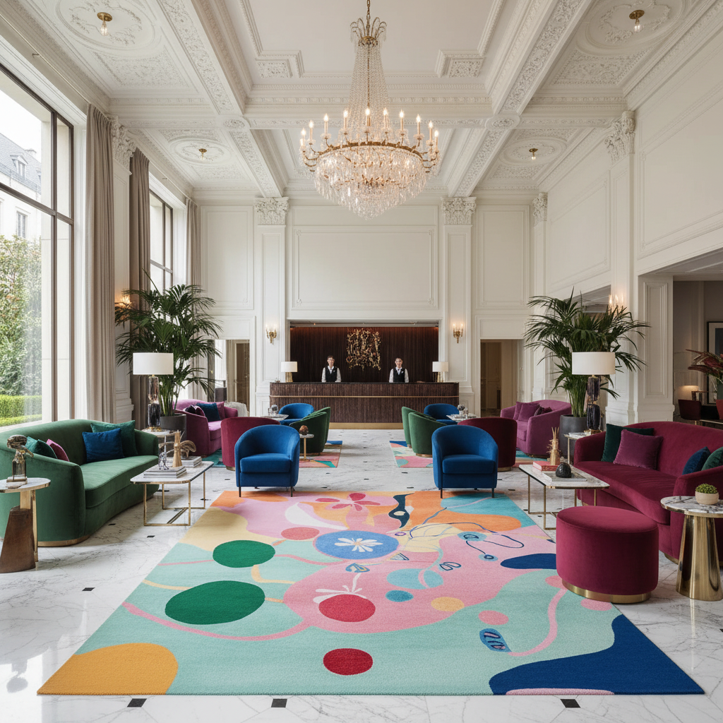 Luxurious hotel lobby with colorful rug, modern furniture, and chandelier.