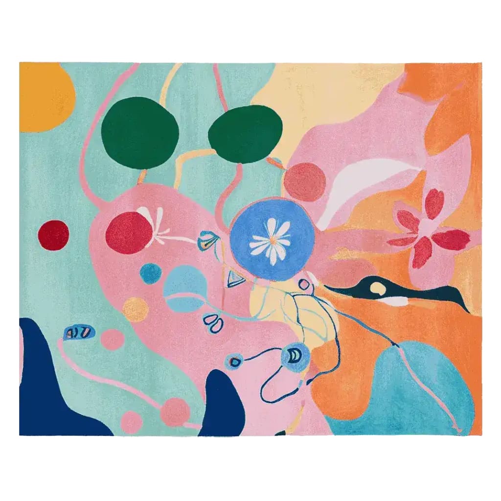 Colorful Fragmented Joyscape Hand Tufted Area Rug featuring an abstract design with vibrant pink, blue, green, and orange hues. This contemporary wool rug is perfect for adding a splash of color to living room area rugs.