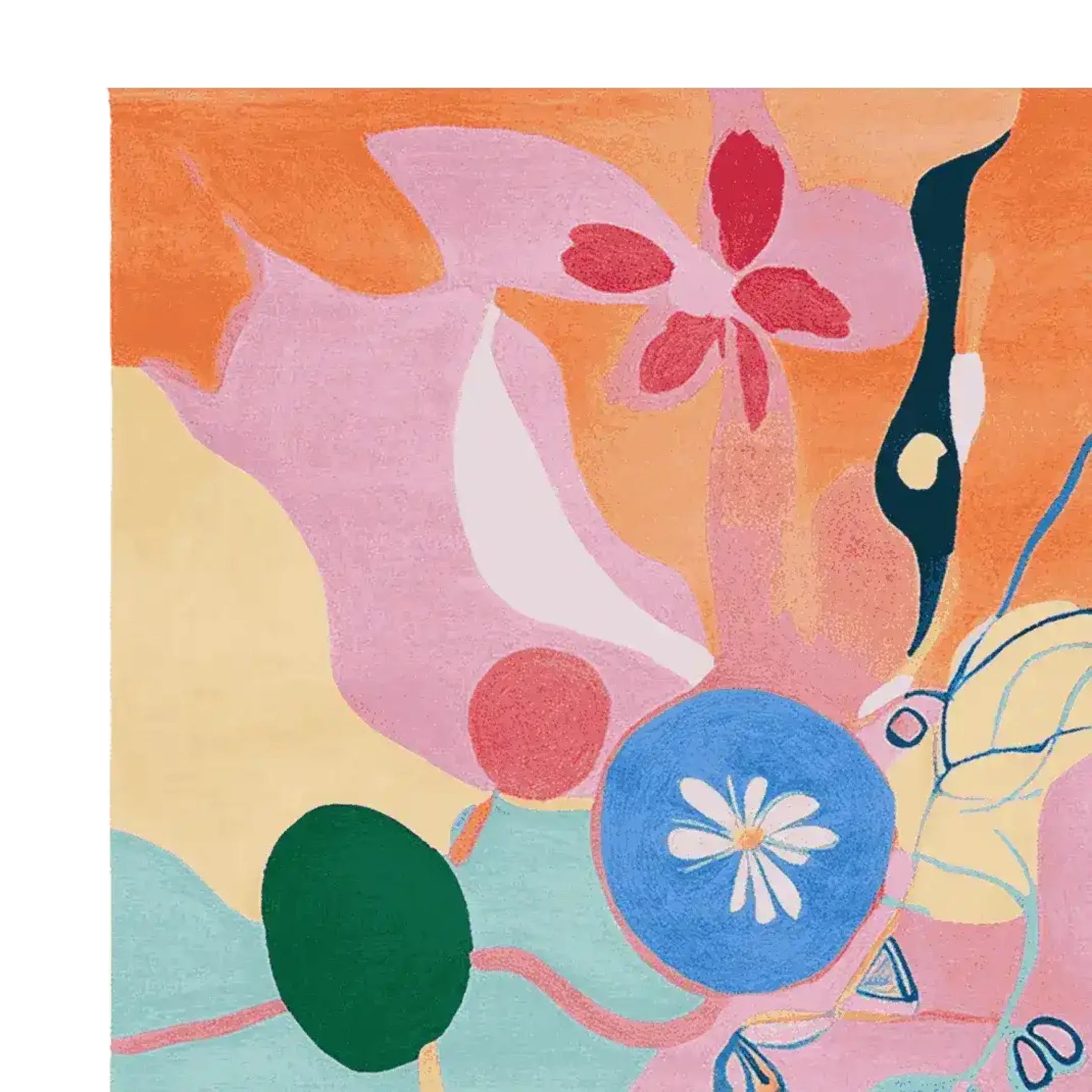 This vibrant area rug, crafted from high-quality wool, showcases a fragmented joyscape design with abstract floral patterns in pink, orange, and blue tones. Perfect for adding a touch of contemporary style to living room area rugs.