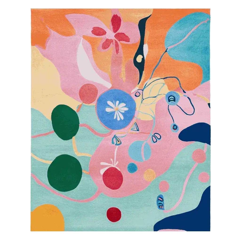 Vibrant Fragmented Joyscape Hand Tufted Area Rug featuring an abstract design with colorful patterns. Perfect for adding a contemporary touch to your living room. This wool rug showcases a blend of dynamic colors, offering a unique and artistic vibe.