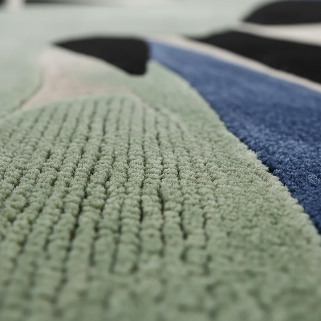 Close-up of a textured green rug with geometric patterns.