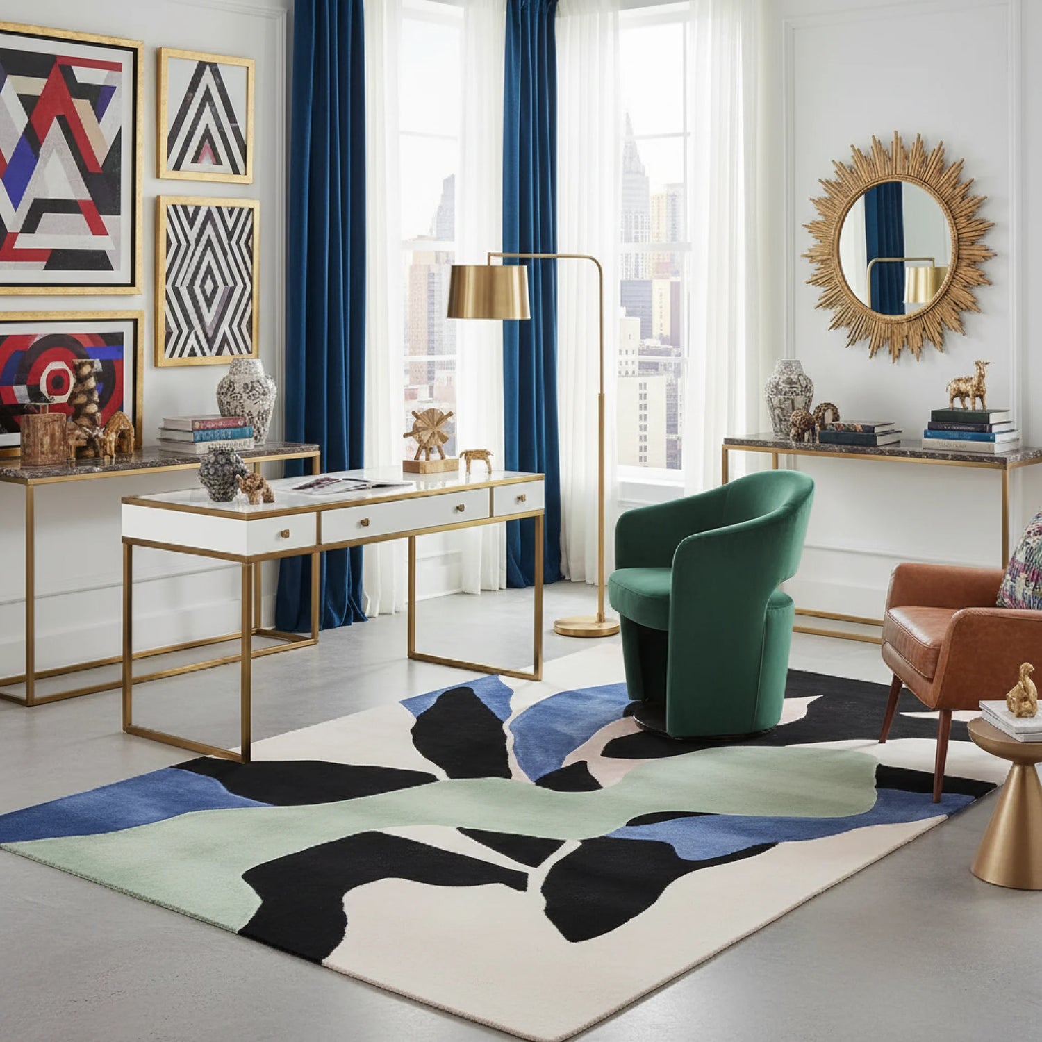 Modern living room with a desk, chairs, an abstract wool rug, and decorative elements.