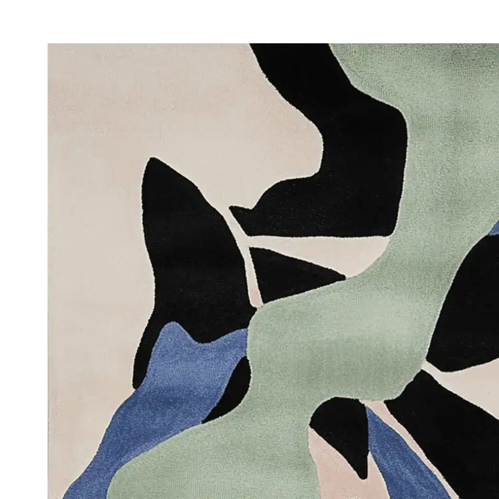 A close-up of a contemporary area rug featuring an abstract design with soft pastel colors, including green, blue, and black. This wool rug is perfect for adding a modern touch to living room spaces. Ideal as a living room rug sized 8x10, showcasing a flow of fragmented nature-inspired patterns.