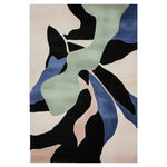 Top view of the Fragmented Nature Flow Hand Tufted Area Rug, showcasing its abstract design in shades of green, blue, black, and beige. This contemporary wool rug is perfect for adding a touch of modern elegance to living room spaces, especially as an 8x10 centerpiece.