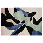 Contemporary area rug featuring an abstract design with flowing lines in shades of green, blue, black, and beige. This hand-tufted wool rug is perfect for adding a stylish touch to living room spaces. Ideal as an 8x10 living room area rug.