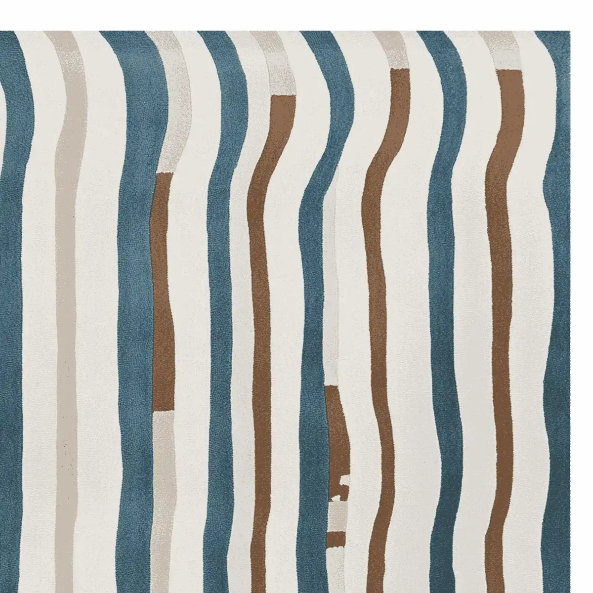 Top view of a Fragmented Wave Rhythm Hand Tufted Area Rug, featuring a contemporary abstract design with wavy stripes in blue, brown, and cream tones. Perfect for adding a modern touch to living room spaces, crafted from high-quality wool for durability and style.