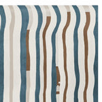 Top view of a Fragmented Wave Rhythm Hand Tufted Area Rug, featuring a contemporary abstract design with wavy stripes in blue, brown, and cream tones. Perfect for adding a modern touch to living room spaces, crafted from high-quality wool for durability and style.