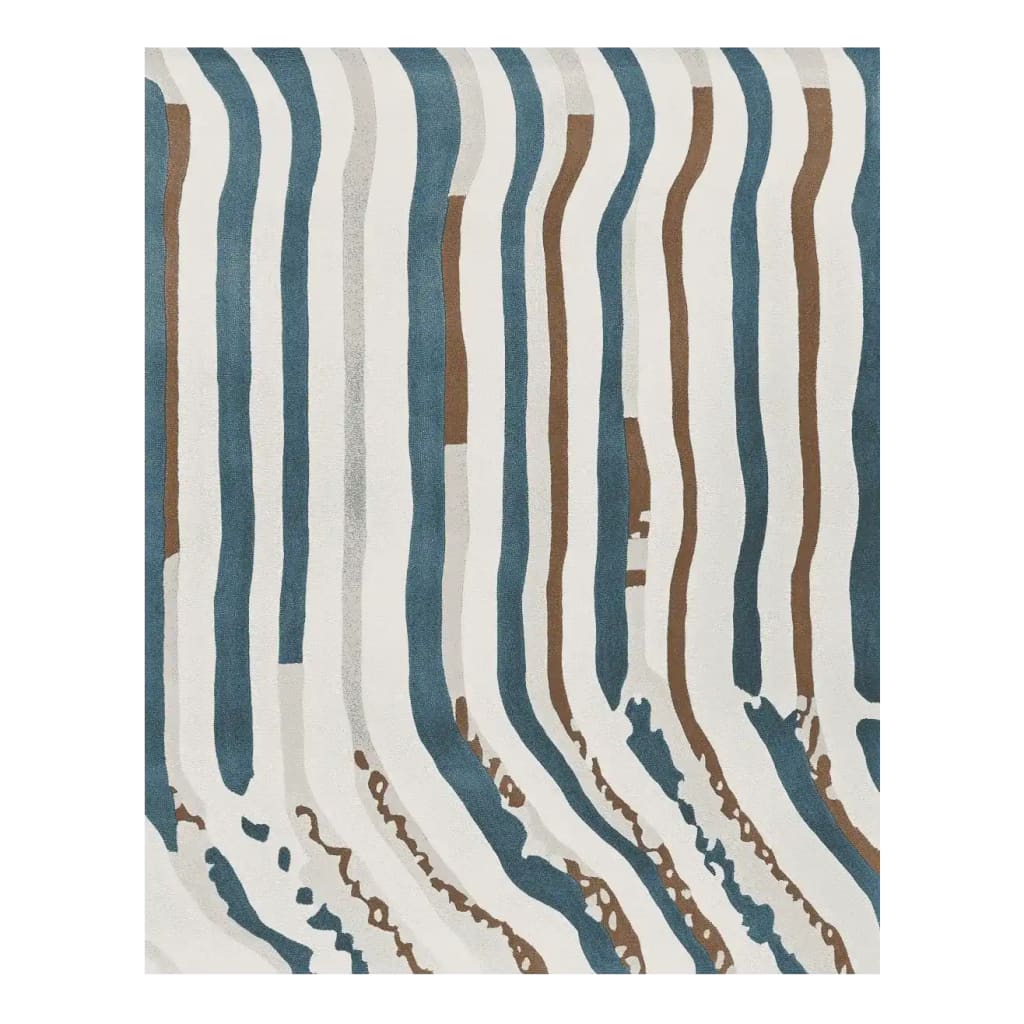 Top view of the Fragmented Wave Rhythm Hand Tufted Rug, a contemporary area rug with an abstract design featuring flowing blue, brown, and white stripes, ideal for living room decor. This wool rug adds a modern touch to any space.
