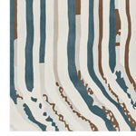A contemporary area rug featuring a dynamic abstract design with flowing blue, brown, and cream stripes. This hand-tufted wool rug adds a touch of modern elegance to living room spaces.