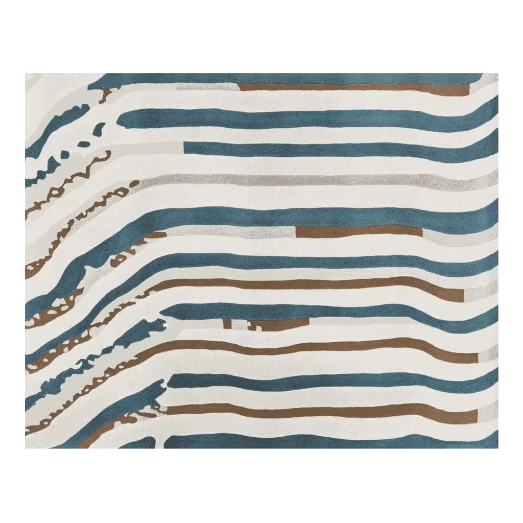 A contemporary area rug featuring a striking abstract wave design with flowing blue, white, and brown lines. This hand-tufted wool rug is perfect for adding a modern touch to any living room.