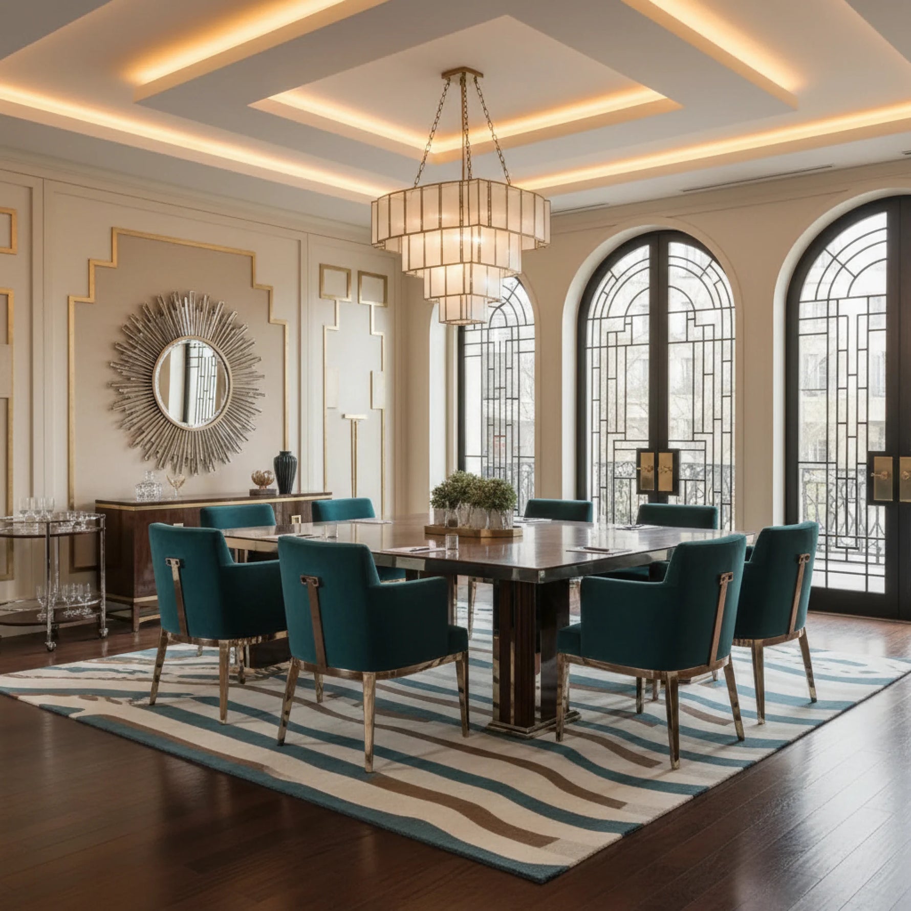 Dining room with a large table and chairs, featuring a chandelier, a contemporary hand-tufted wool rug, and decorative wall mirror.
