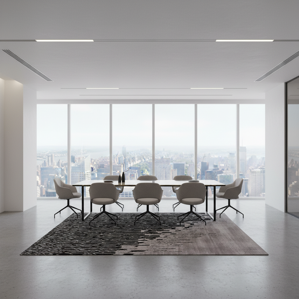 Modern conference room with a large area rug, table and chairs, overlooking a cityscape.