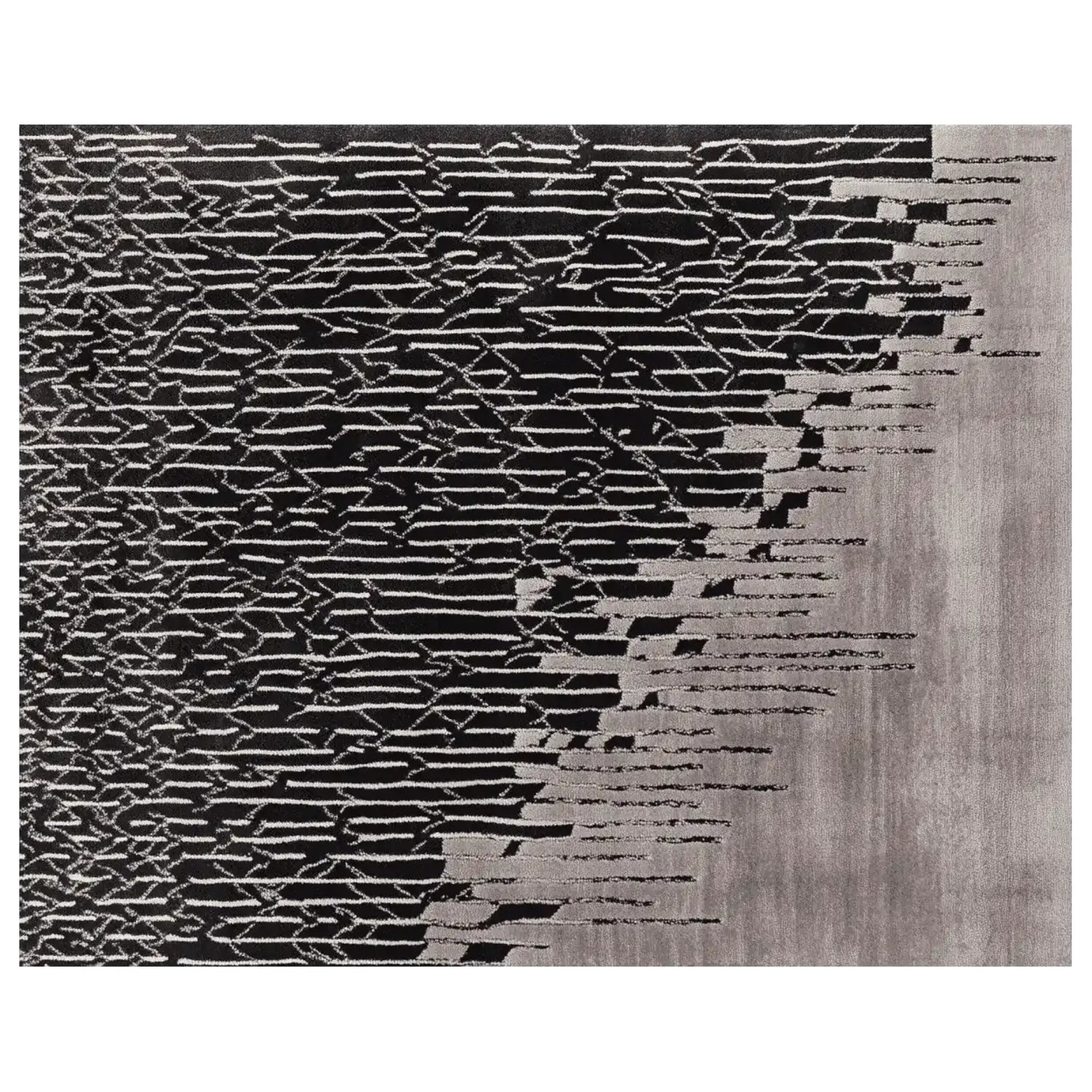 A contemporary hand-tufted area rug featuring an abstract design with a striking contrast of black and white lines. This wool rug is perfect for adding a modern touch to living room spaces, making it an ideal choice for those seeking stylish and artistic rugs for living rooms.