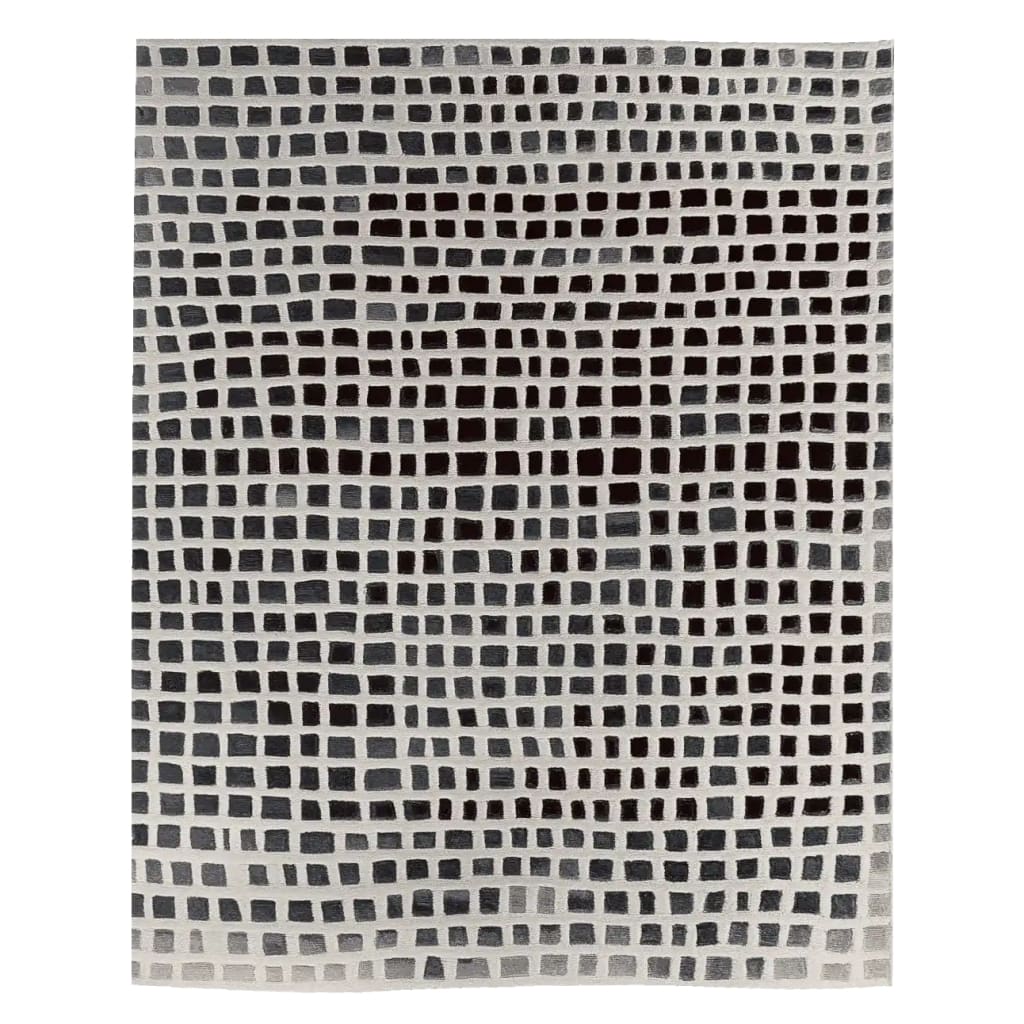 Top view of the Fragments of Form Hand Tufted Rug, a contemporary area rug featuring a dynamic grid pattern in shades of black and white. Perfect for adding a modern touch to any living room, this wool rug measures 8x10 feet, ideal for spacious interiors.