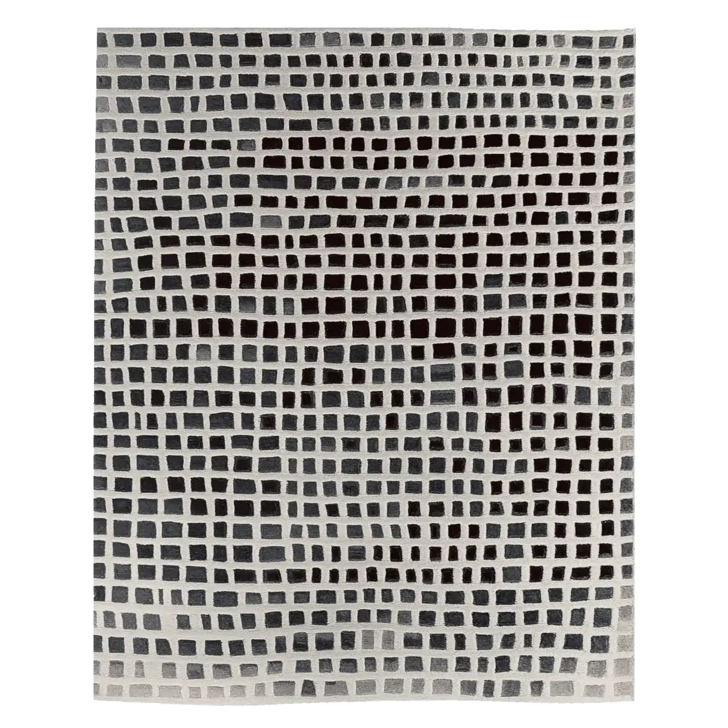 Top view of the Fragments of Form Hand Tufted Rug, a contemporary area rug featuring a dynamic grid pattern in shades of black and white. Perfect for adding a modern touch to any living room, this wool rug measures 8x10 feet, ideal for spacious interiors.