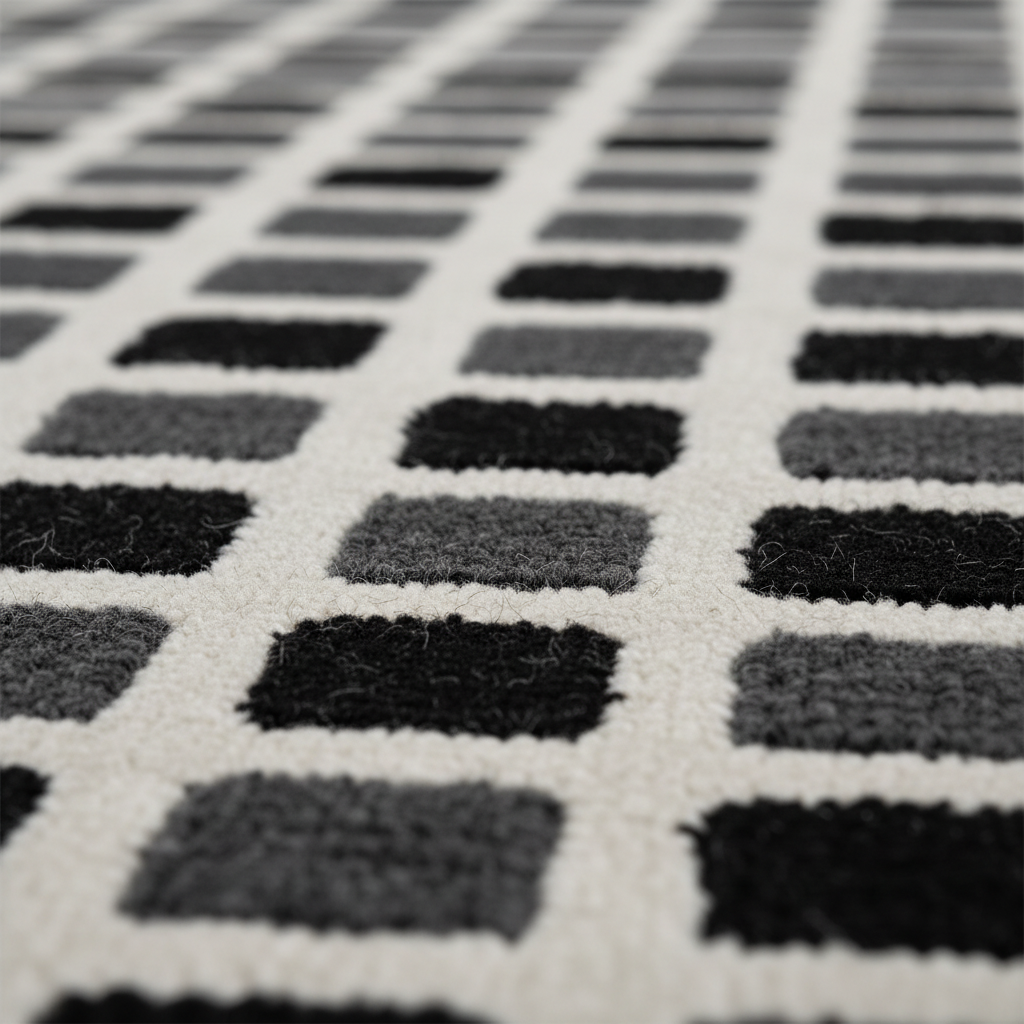 Close-up of a geometric patterned rug with black and gray squares.