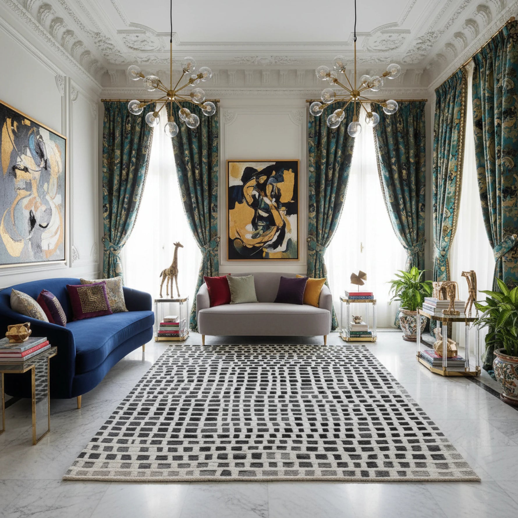 Luxurious living room with blue sofa, gray armchair, an abstract wool rug, and decorative elements.