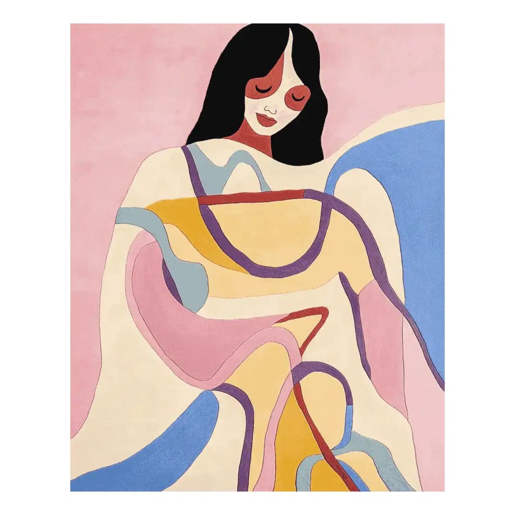 This vibrant area rug features an abstract design with fluid, colorful lines and shapes in shades of pink, blue, and yellow, perfect for a contemporary living room. Hand tufted from wool, this 8x10 rug adds an artistic touch to any space.