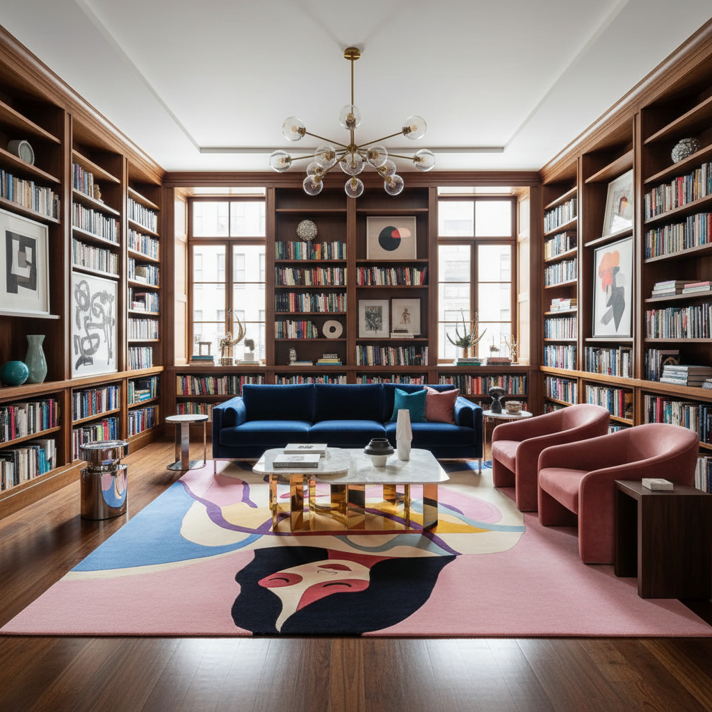 Luxurious living room with bookshelves, a blue sofa, and colorful rug.