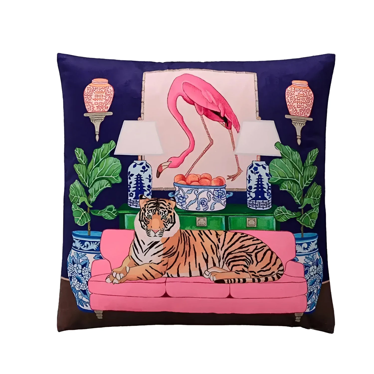 Colorful French retro chinoiserie throw pillow featuring a tiger lounging on a pink couch with a flamingo and decorative elements in the background.