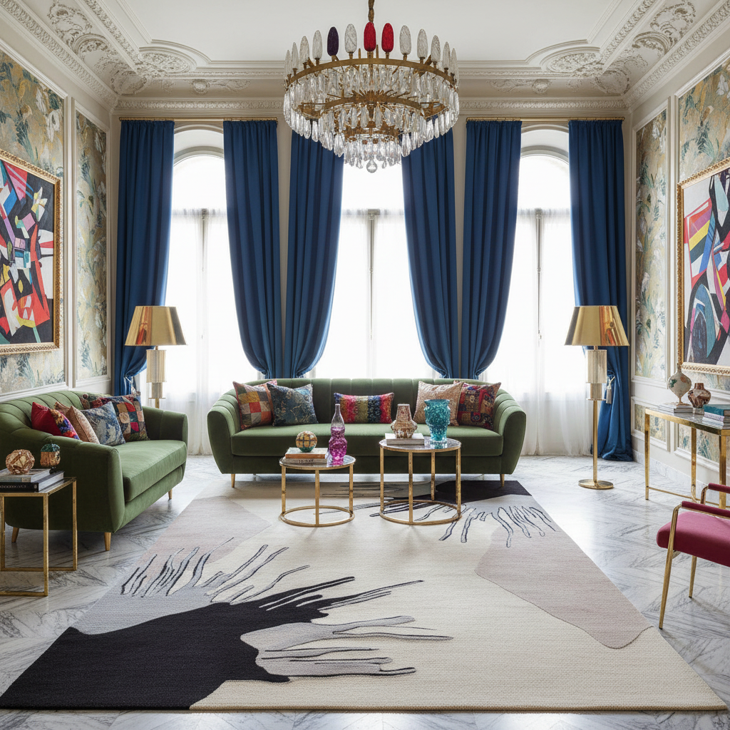 Luxurious living room with green sofas, colorful pillows, and a chandelier.