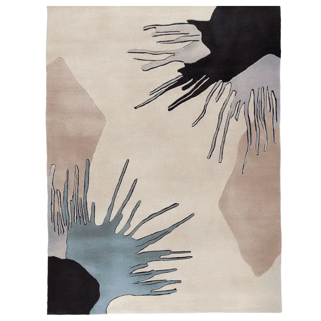 Stylish area rug featuring a contemporary abstract design with splashes of black, blue, and beige on a cream background. This hand-tufted wool rug is perfect for adding a modern touch to living room spaces. Ideal as an 8x10 living room area rug.