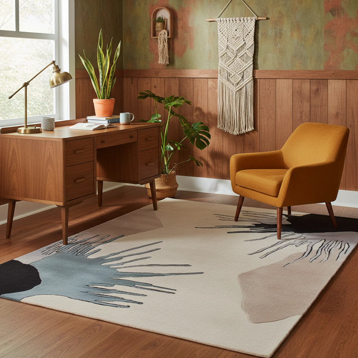 Modern home office with wooden desk, orange armchair, and decorative rug.