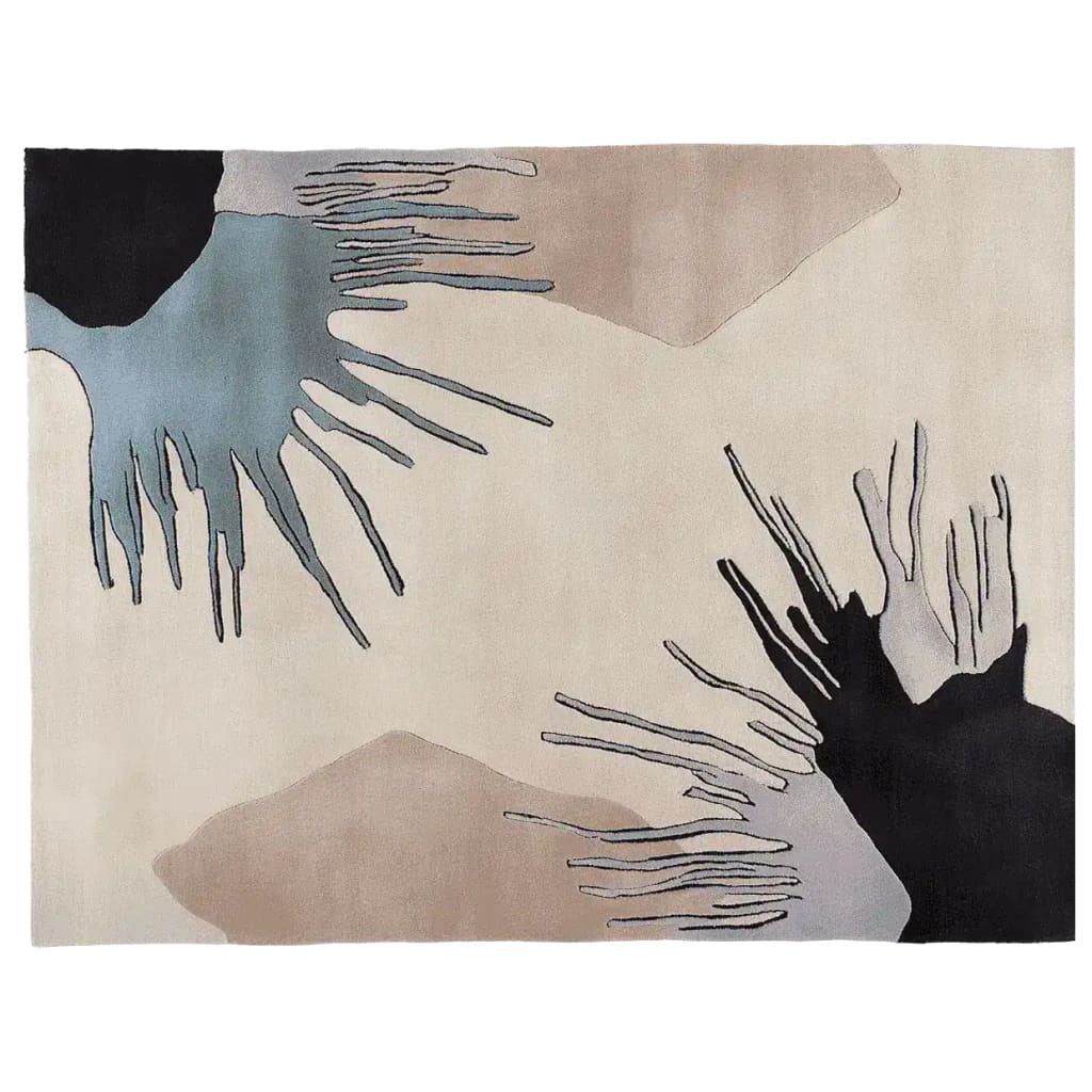 Contemporary area rug featuring an abstract design with black and blue accents on a beige background, perfect for adding a stylish touch to living room spaces. This hand-tufted wool rug in an 8x10 size combines modern aesthetics with comfort, ideal as a striking living room area rug.