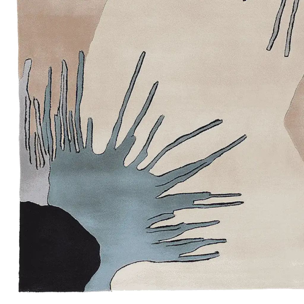 A contemporary area rug in an abstract design featuring blue and beige tones with fringe details, perfect for adding a modern touch to living room spaces. This hand-tufted wool rug measures 8x10, making it an ideal choice for living room area rugs.