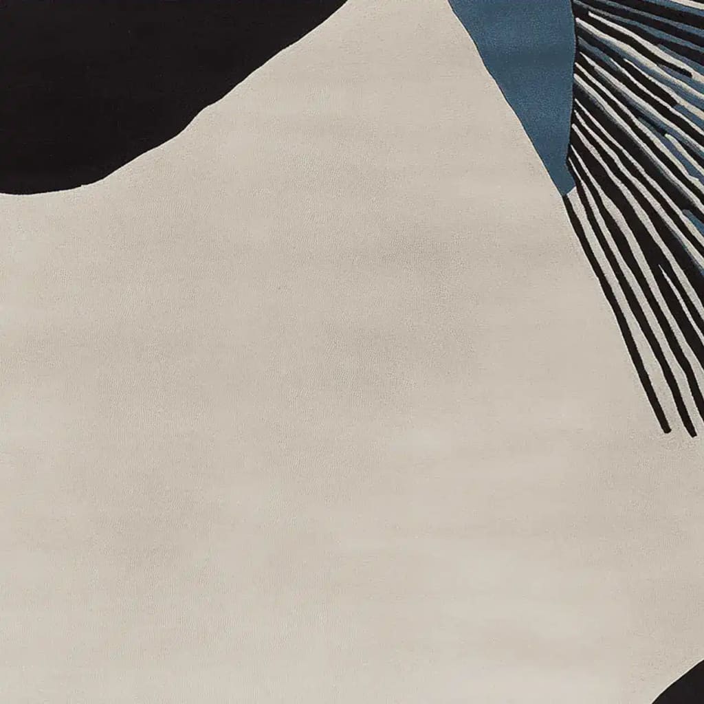 Close-up of a contemporary area rug showcasing an abstract design with bold black and blue lines on a neutral wool background, ideal for living room rugs 8x10.