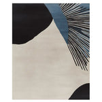 A contemporary area rug featuring an abstract design with bold black and blue shapes against a cream backdrop. This hand-tufted wool rug is perfect for adding a modern touch to living room spaces, available in an 8x10 size.