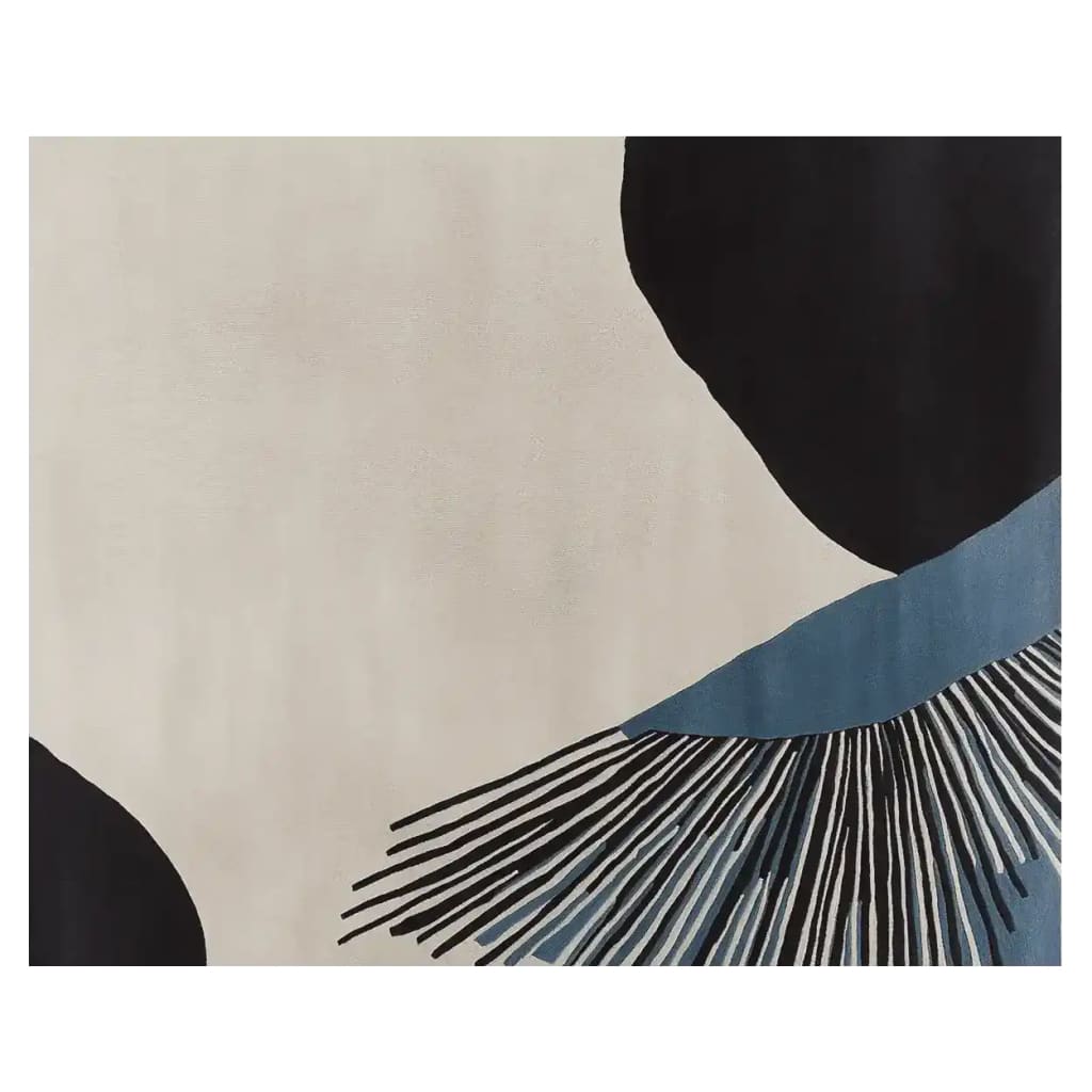 Top view of the Fringe Wave Burst Hand Tufted Area Rug, showcasing its abstract design with bold black and blue patterns against a neutral background. This contemporary wool rug is perfect for enhancing the aesthetic of living rooms, especially in an 8x10 size.