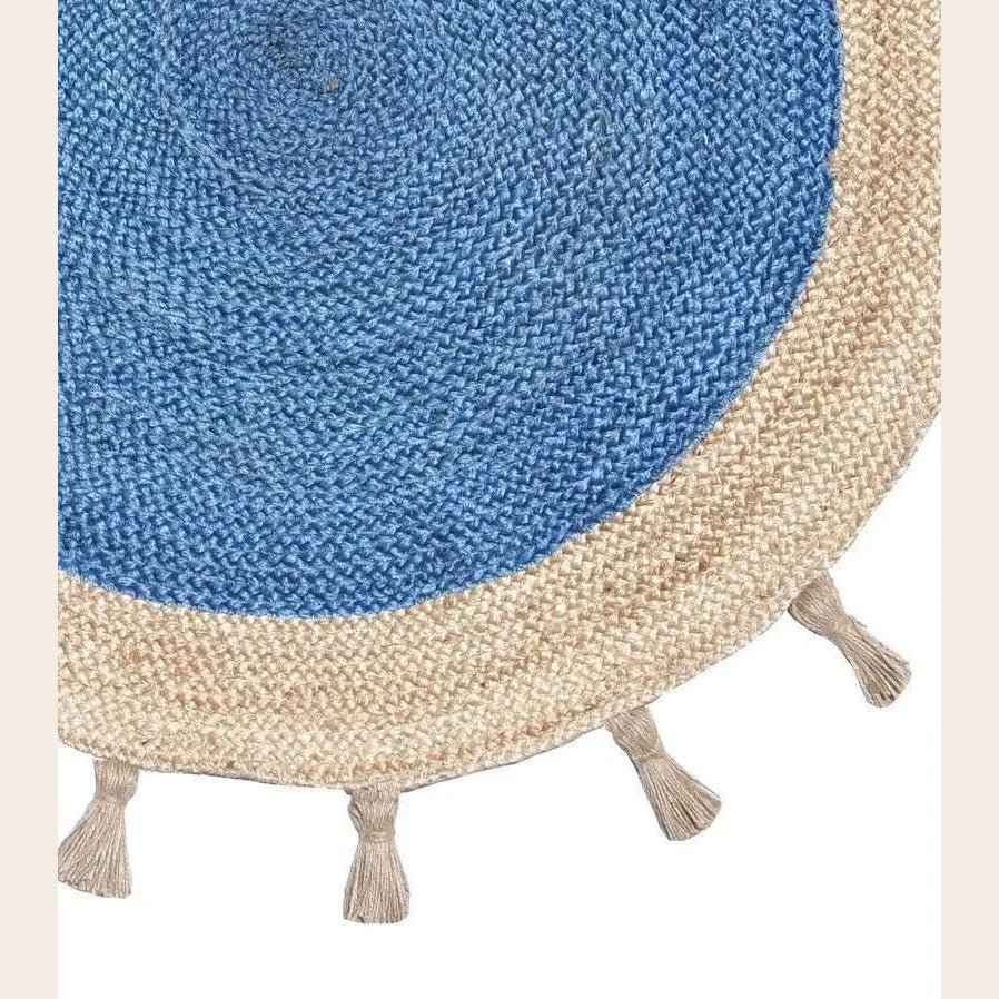 Fringed Blue Round Jute Rug
