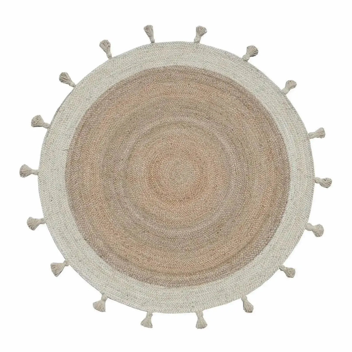 Beautiful fringed white round jute area rug perfect for adding a boho touch to your living room or bedroom. This natural fiber rug features a soft, textured design ideal for cozy spaces, making it a versatile addition to your home decor.