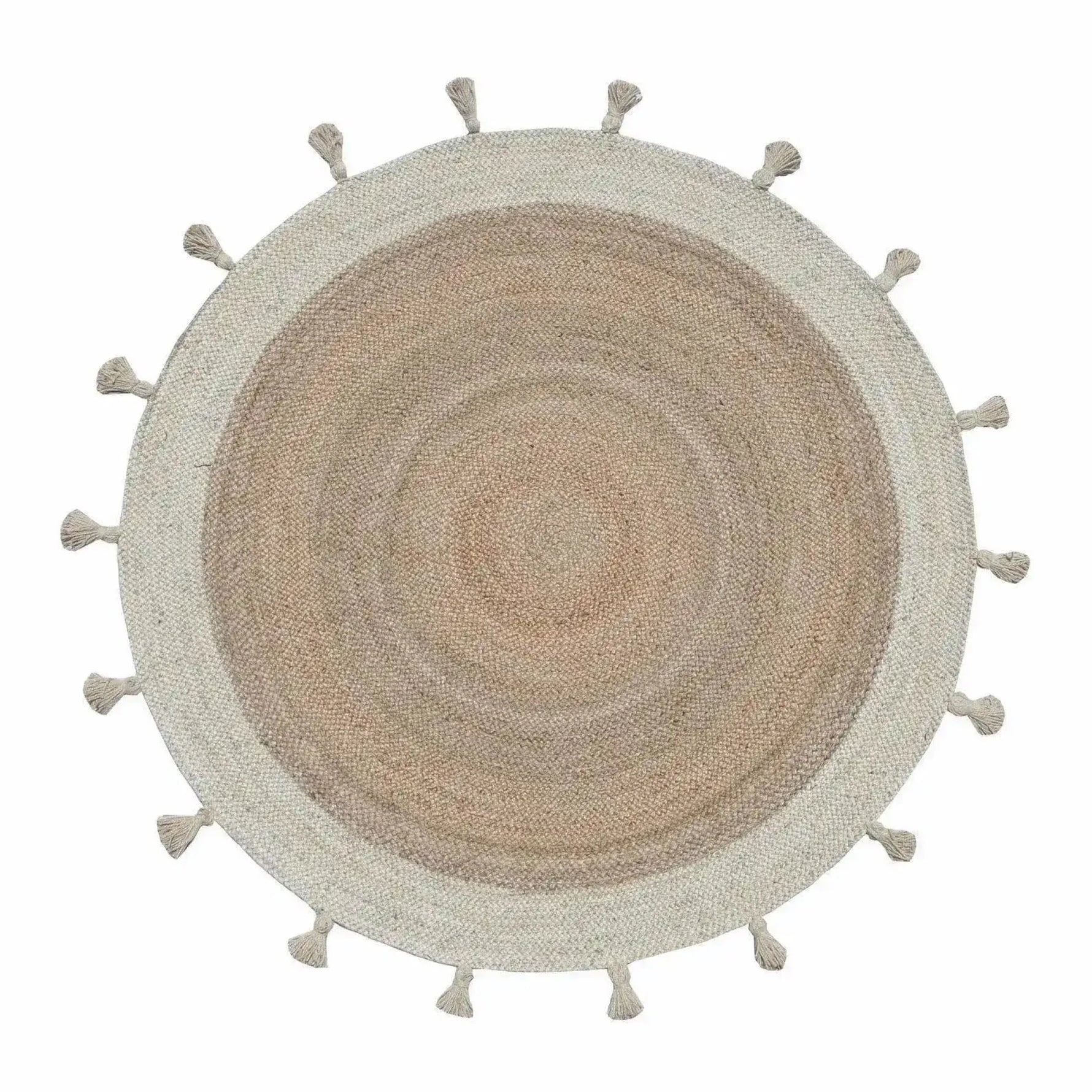 Beautiful fringed white round jute area rug perfect for adding a boho touch to your living room or bedroom. This natural fiber rug features a soft, textured design ideal for cozy spaces, making it a versatile addition to your home decor.