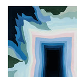 Top view of the Frozen Echo Chamber Hand Tufted Area Rug, featuring an abstract design with layered shades of blue, pink, and green. This contemporary wool rug adds a modern touch to any living room decor.