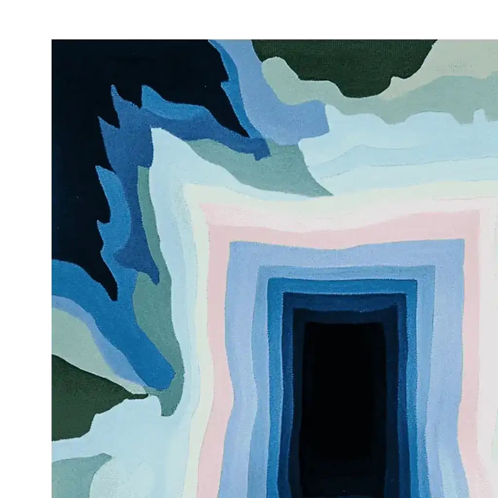 Top view of the Frozen Echo Chamber Hand Tufted Area Rug, featuring an abstract design with layered shades of blue, pink, and green. This contemporary wool rug adds a modern touch to any living room decor.