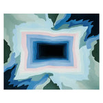 Top view of the Frozen Echo Chamber Hand Tufted Rug, a contemporary area rug featuring an abstract design in shades of blue, pink, and black. This wool rug is perfect for adding a modern touch to your living room decor.