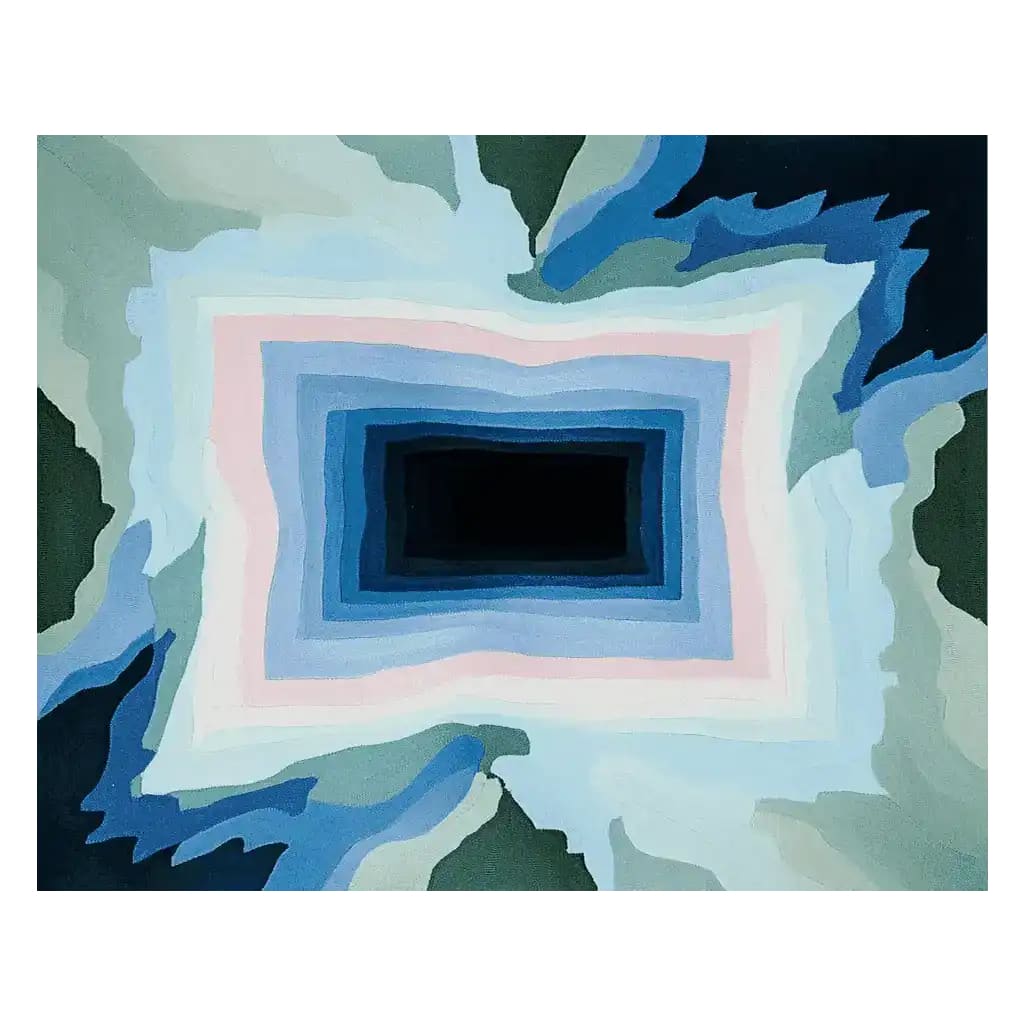 Top view of the Frozen Echo Chamber Hand Tufted Rug, a contemporary area rug featuring an abstract design in shades of blue, pink, and black. This wool rug is perfect for adding a modern touch to your living room decor.