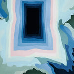 Top view of the Frozen Echo Chamber Hand Tufted Area Rug featuring an abstract design with layered shades of blue, pink, and green. This contemporary wool rug is perfect for adding a modern touch to any living room space.