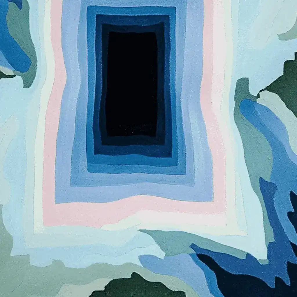 Top view of the Frozen Echo Chamber Hand Tufted Area Rug featuring an abstract design with layered shades of blue, pink, and green. This contemporary wool rug is perfect for adding a modern touch to any living room space.